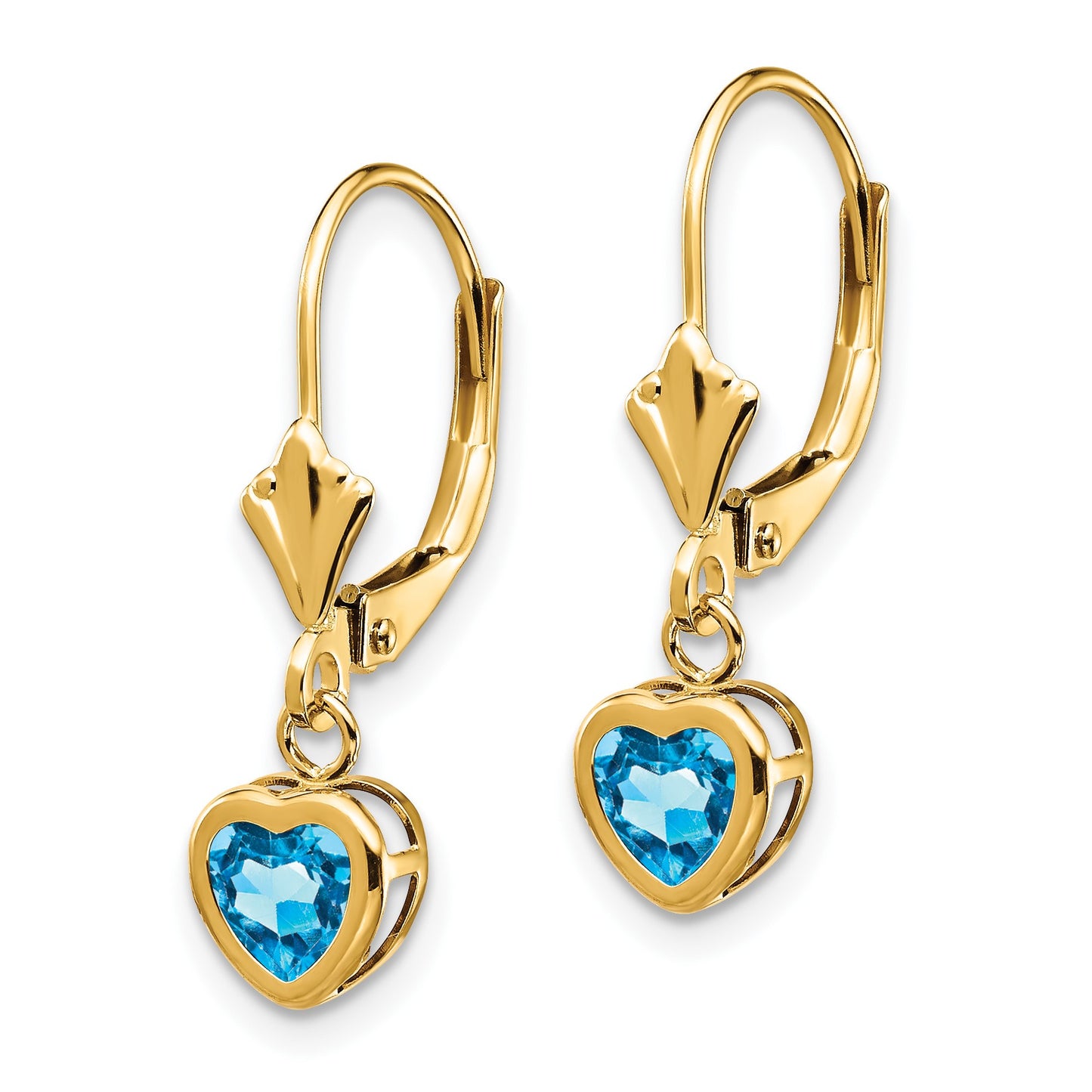 14k 5mm Heart Blue Topaz Bezel Leverback Dangle Earrings