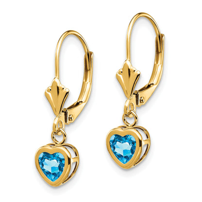 14k 5mm Heart Blue Topaz Bezel Leverback Dangle Earrings