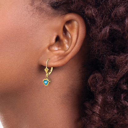 14k 5mm Heart Blue Topaz Bezel Leverback Dangle Earrings