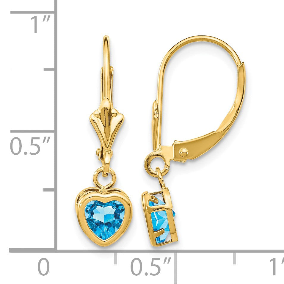 14k 5mm Heart Blue Topaz Bezel Leverback Dangle Earrings