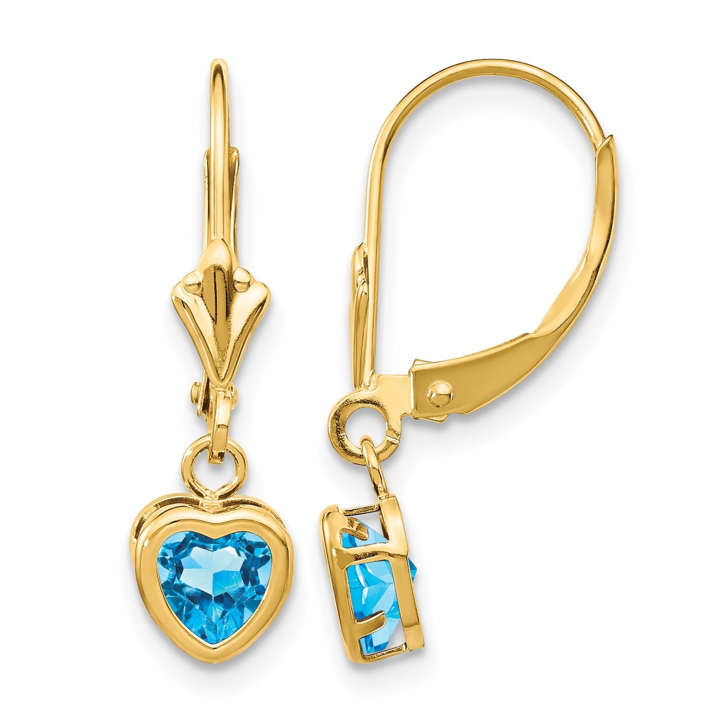 14k 5mm Heart Blue Topaz Bezel Leverback Dangle Earrings