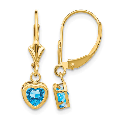 14k 5mm Heart Blue Topaz Bezel Leverback Dangle Earrings