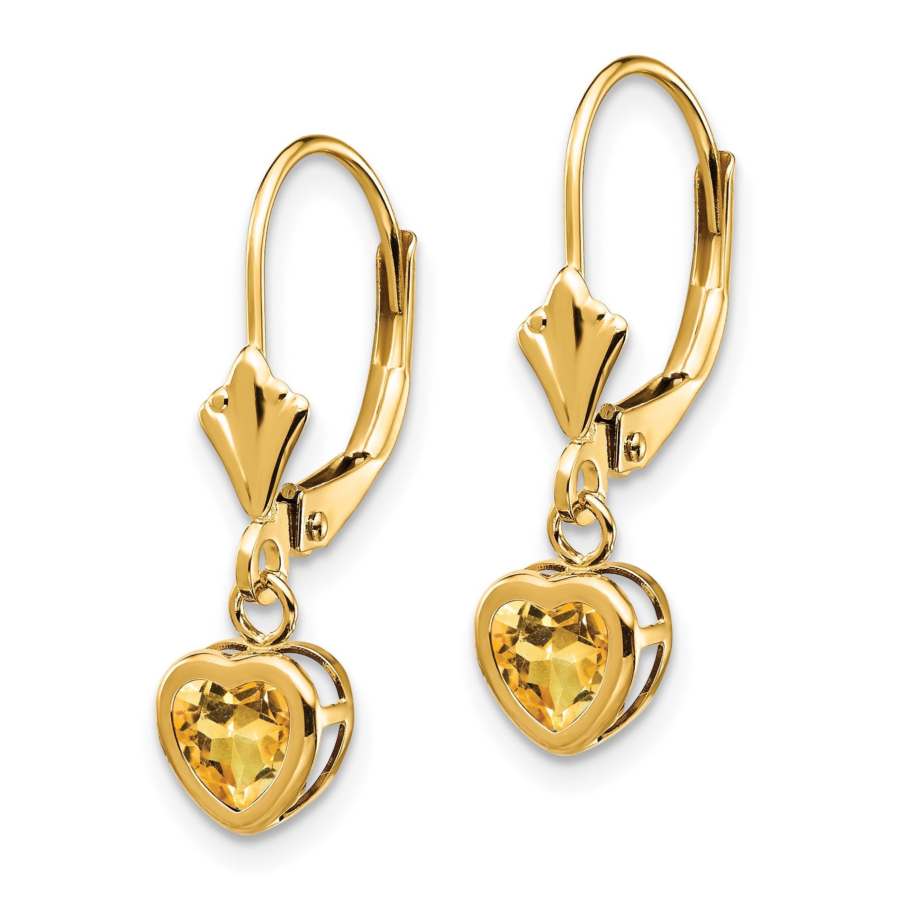 14k 5mm Heart Citrine Bezel Leverback Dangle Earrings