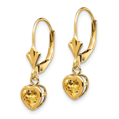 14k 5mm Heart Citrine Bezel Leverback Dangle Earrings