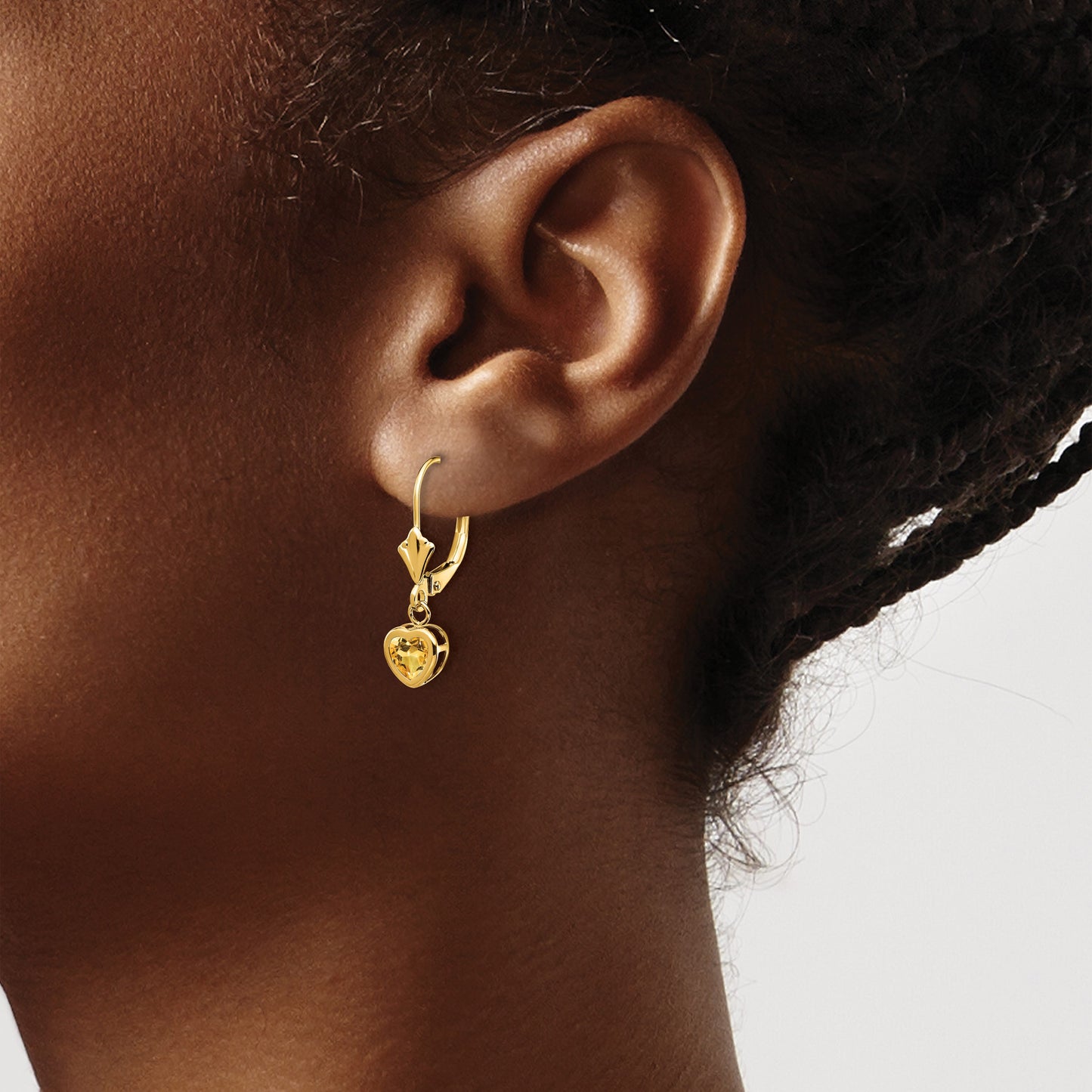 14k 5mm Heart Citrine Bezel Leverback Dangle Earrings