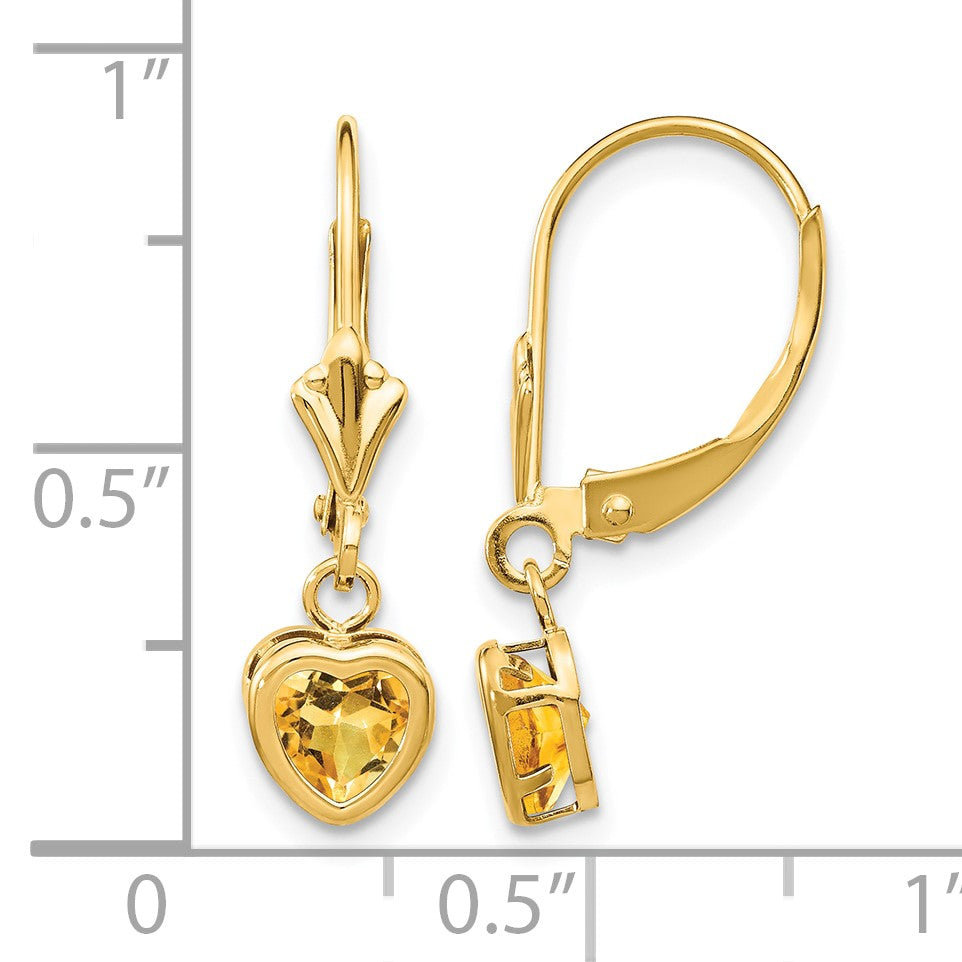 14k 5mm Heart Citrine Bezel Leverback Dangle Earrings
