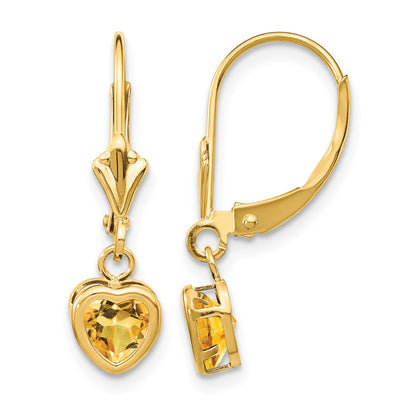 14k 5mm Heart Citrine Bezel Leverback Dangle Earrings