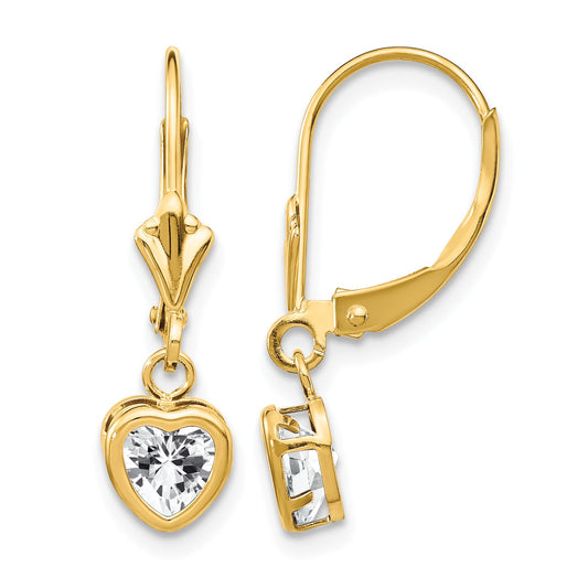 14k 5mm Heart Cubic Zirconia Bezel Leverback Dangle Earrings