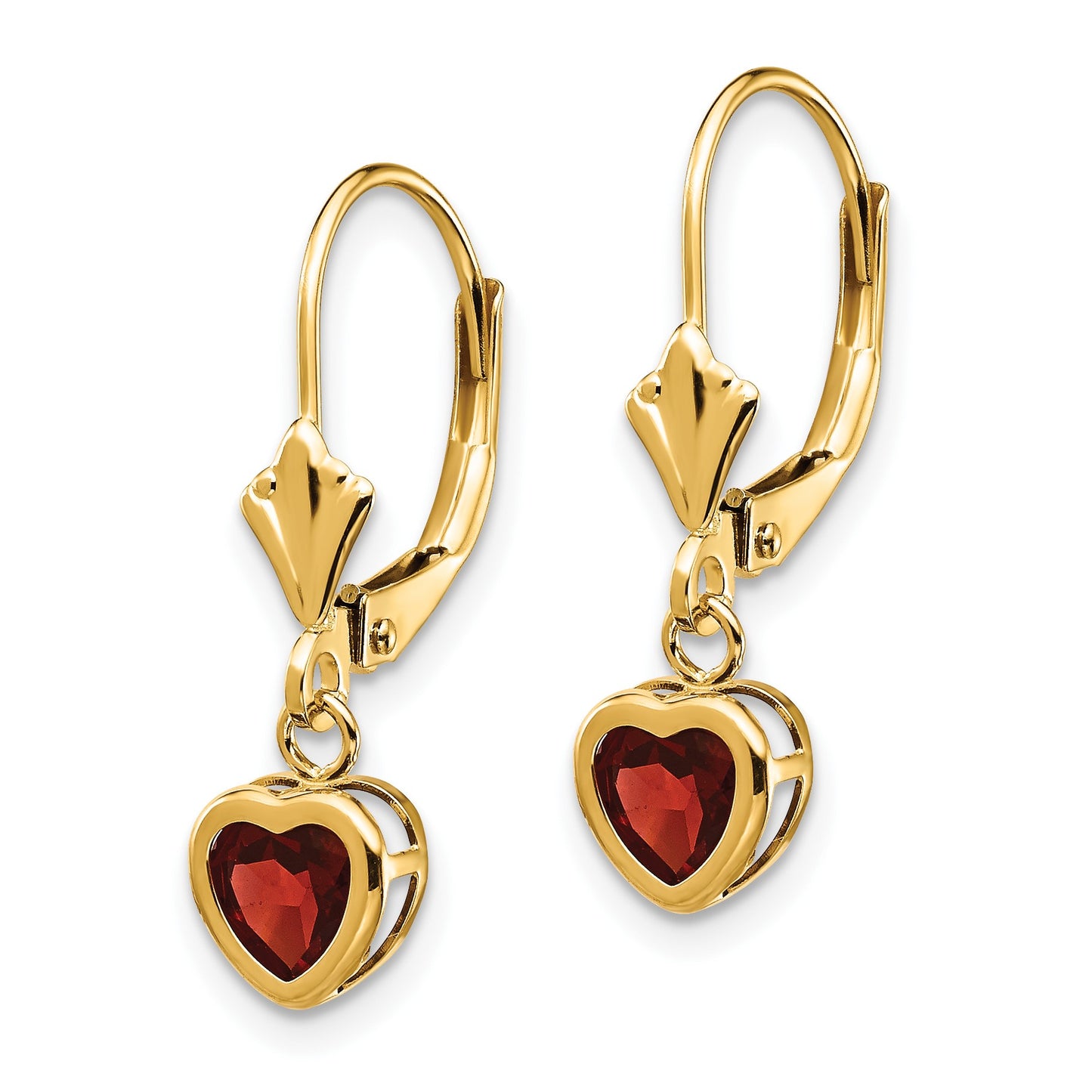 14k 5mm Heart Garnet Bezel Leverback Dangle Earrings