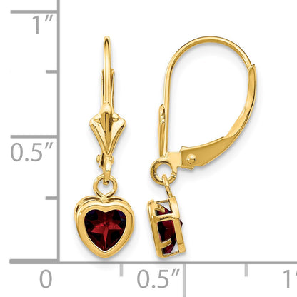 14k 5mm Heart Garnet Bezel Leverback Dangle Earrings