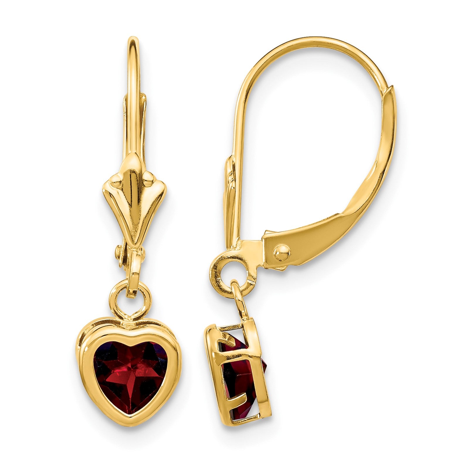 14k 5mm Heart Garnet Bezel Leverback Dangle Earrings