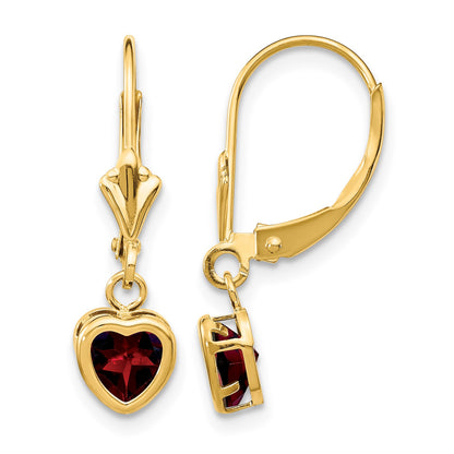 14k 5mm Heart Garnet Bezel Leverback Dangle Earrings