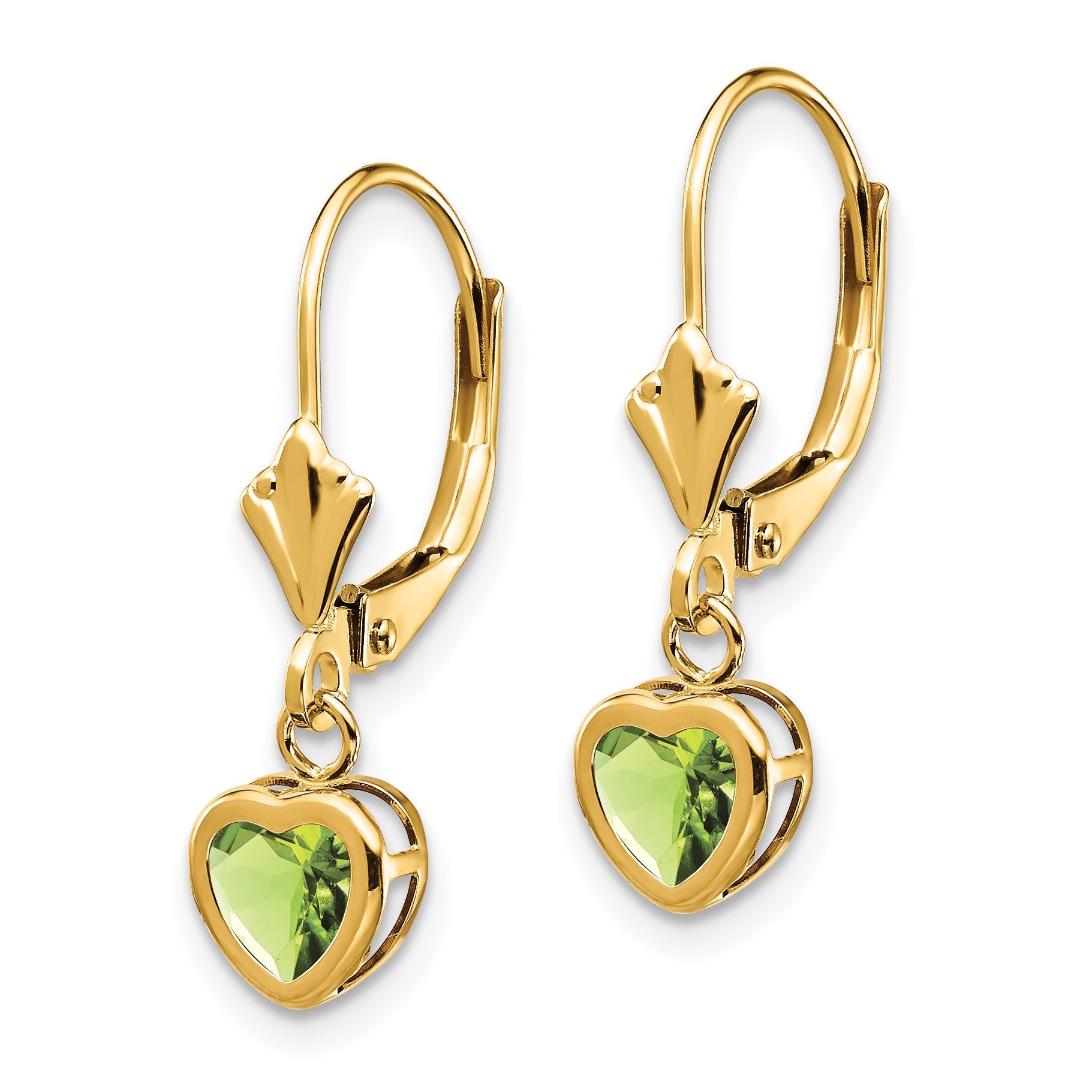 14k 5mm Heart Peridot Bezel Leverback Dangle Earrings