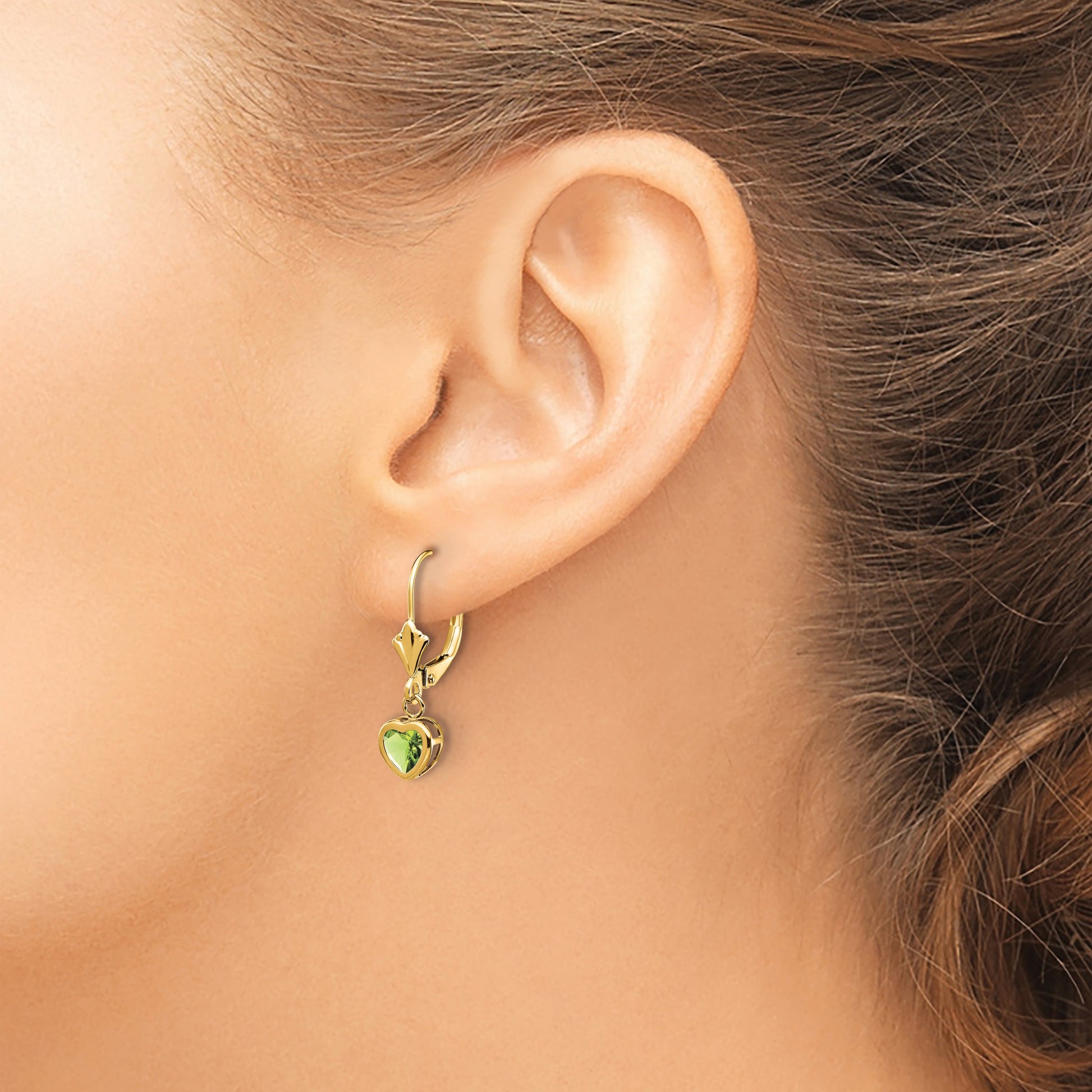 14k 5mm Heart Peridot Bezel Leverback Dangle Earrings