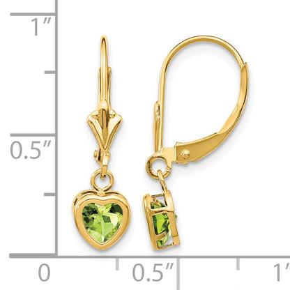 14k 5mm Heart Peridot Bezel Leverback Dangle Earrings