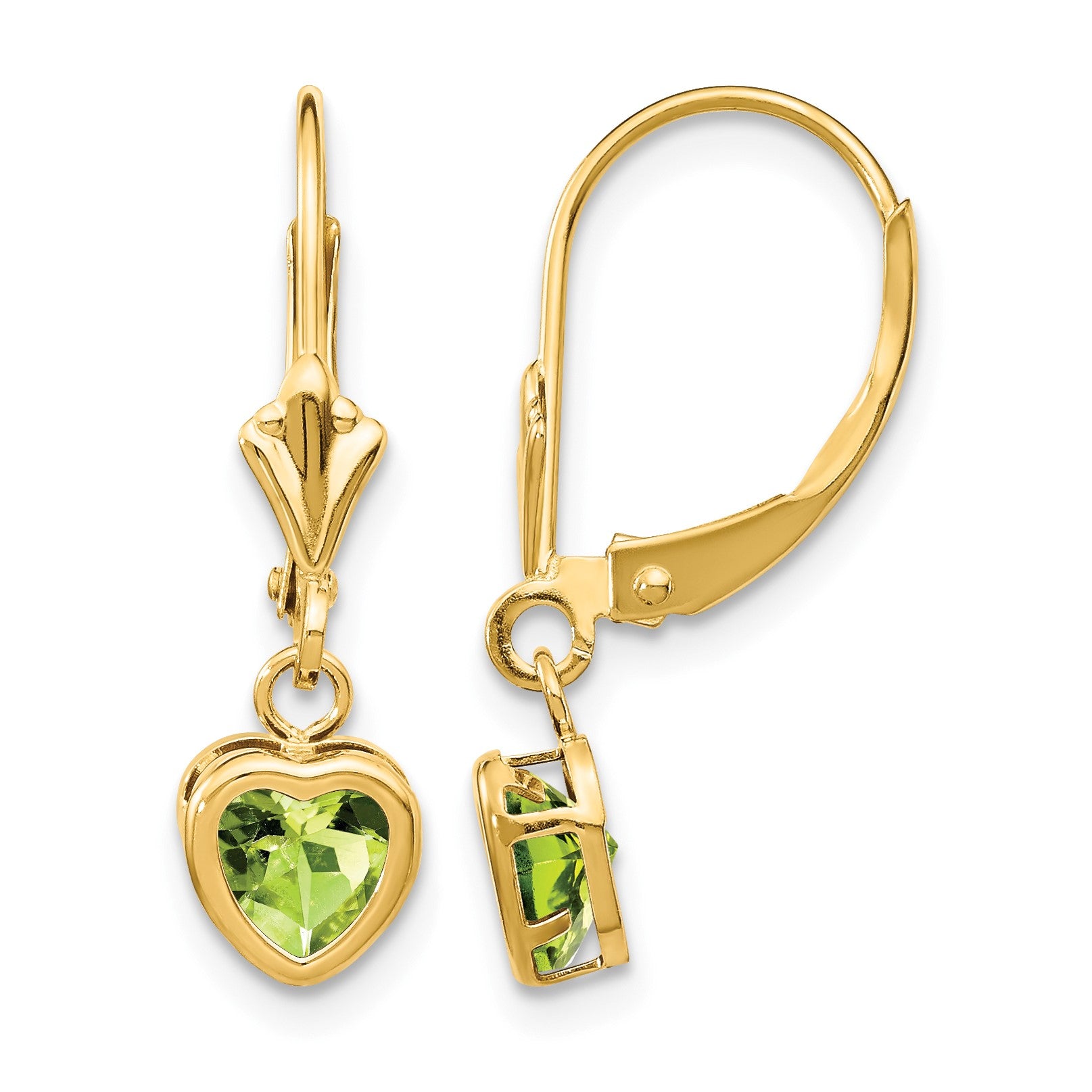 14k 5mm Heart Peridot Bezel Leverback Dangle Earrings