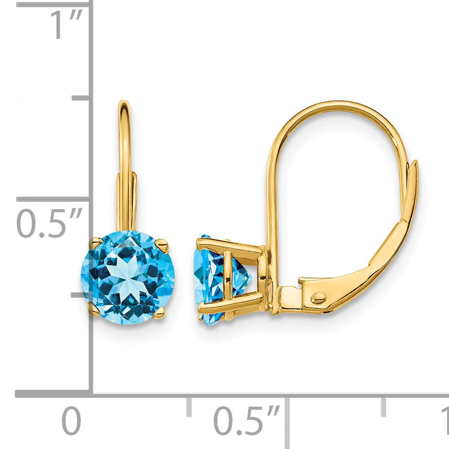 14k 6mm Round Blue Topaz Leverback Earrings