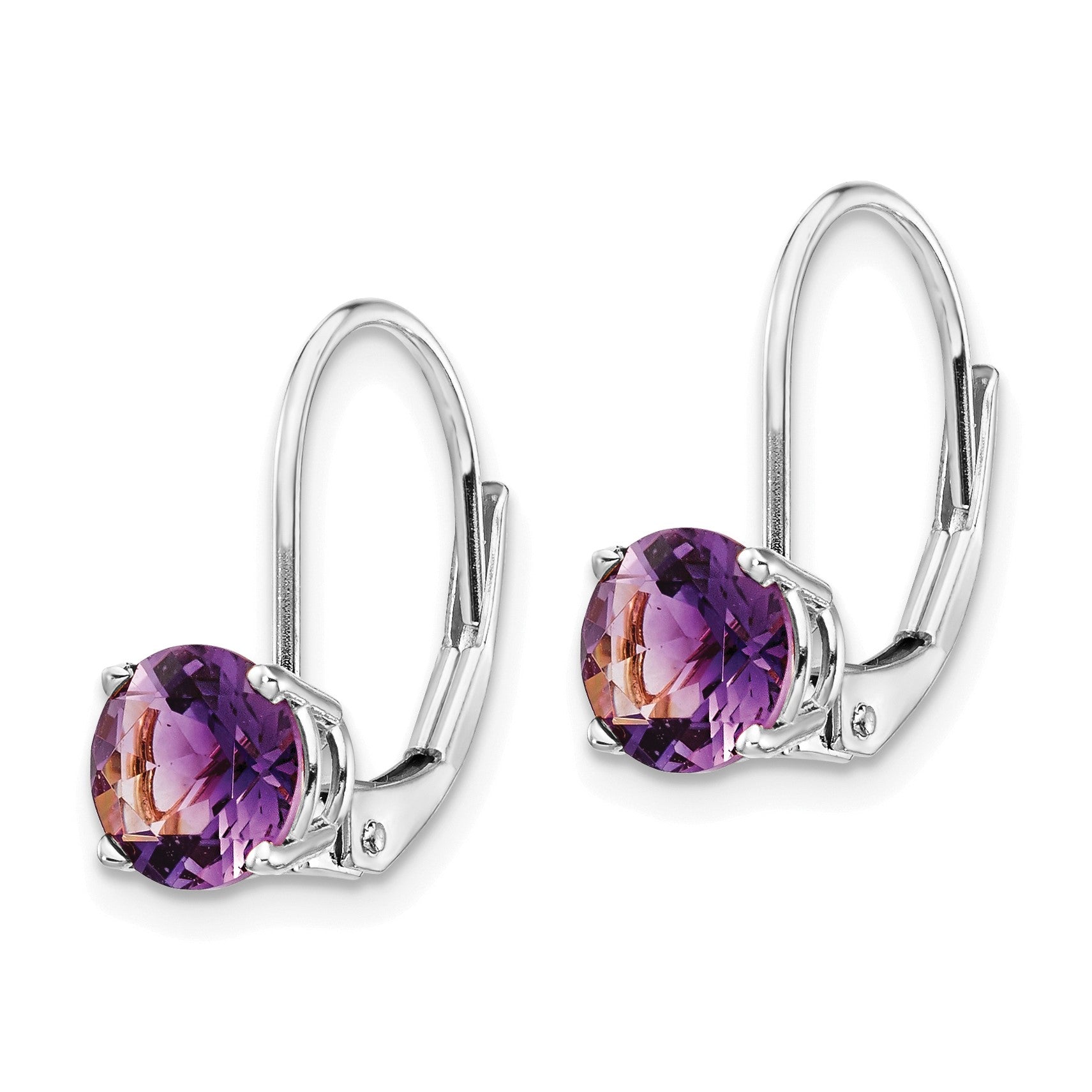 14k White Gold 6mm Round Amethyst Leverback Earrings