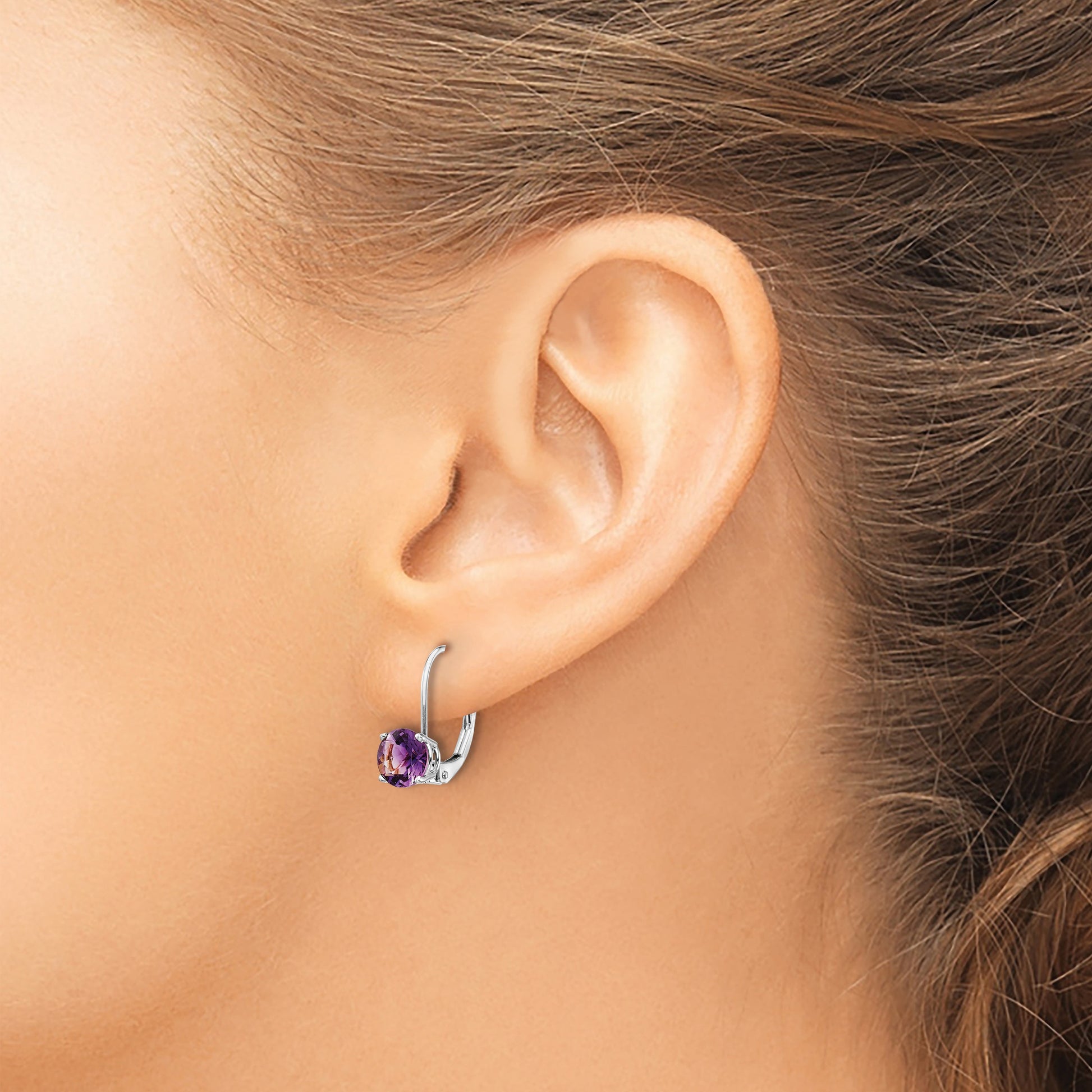 14k White Gold 6mm Round Amethyst Leverback Earrings