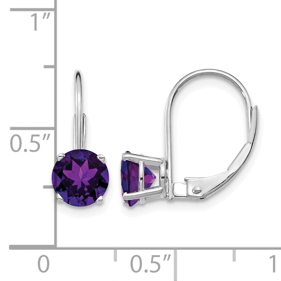 14k White Gold 6mm Round Amethyst Leverback Earrings