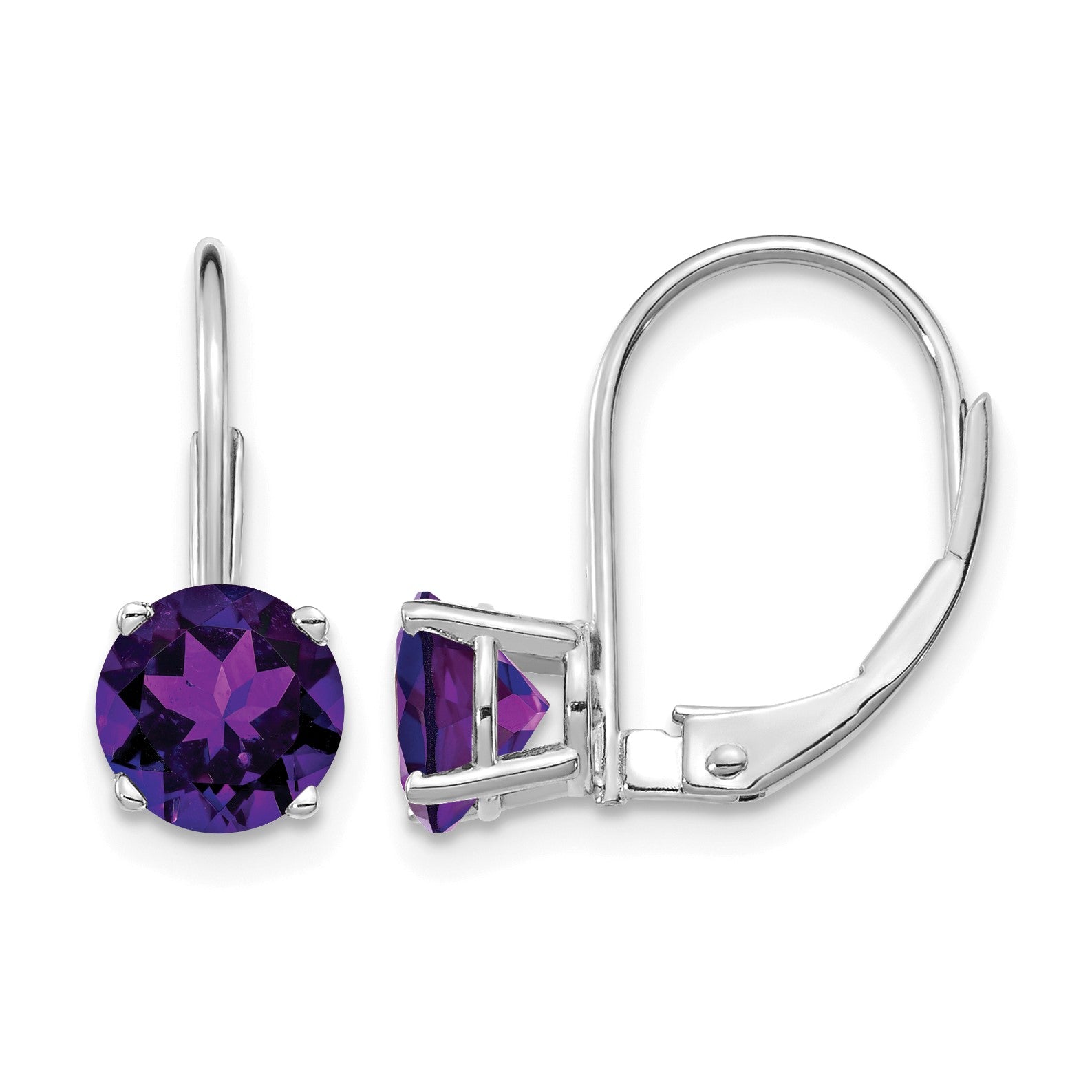 14k White Gold 6mm Round Amethyst Leverback Earrings