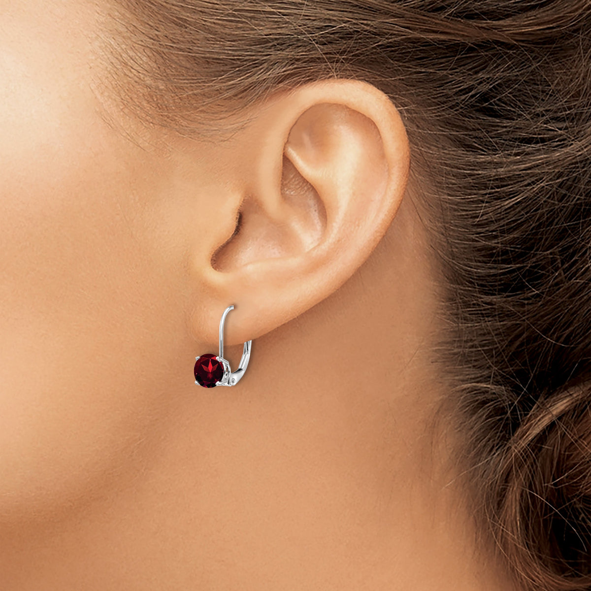 14k White Gold 6mm Round Garnet Leverback Earrings