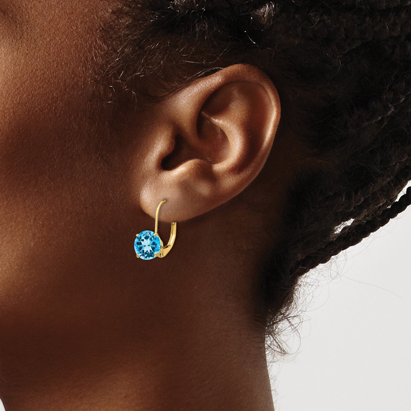 14k 7mm Round Blue Topaz Leverback Earrings