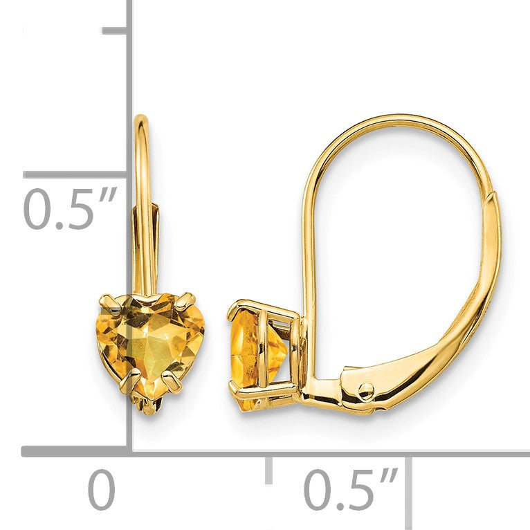 14k 5mm Heart Citrine Leverback Earrings