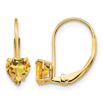 14k 5mm Heart Citrine Leverback Earrings