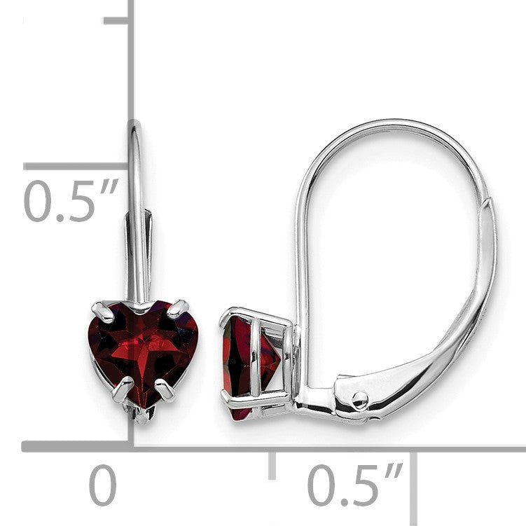 14k White Gold 5mm Heart Garnet Leverback Earrings