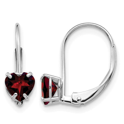 14k White Gold 5mm Heart Garnet Leverback Earrings