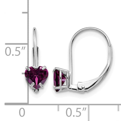 14k White Gold 5mm Heart Rhodolite Garnet Leverback Earrings