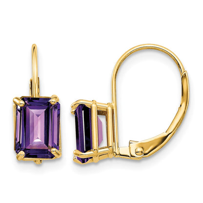 14k 7x5mm Emerald-cut Amethyst Leverback Earrings
