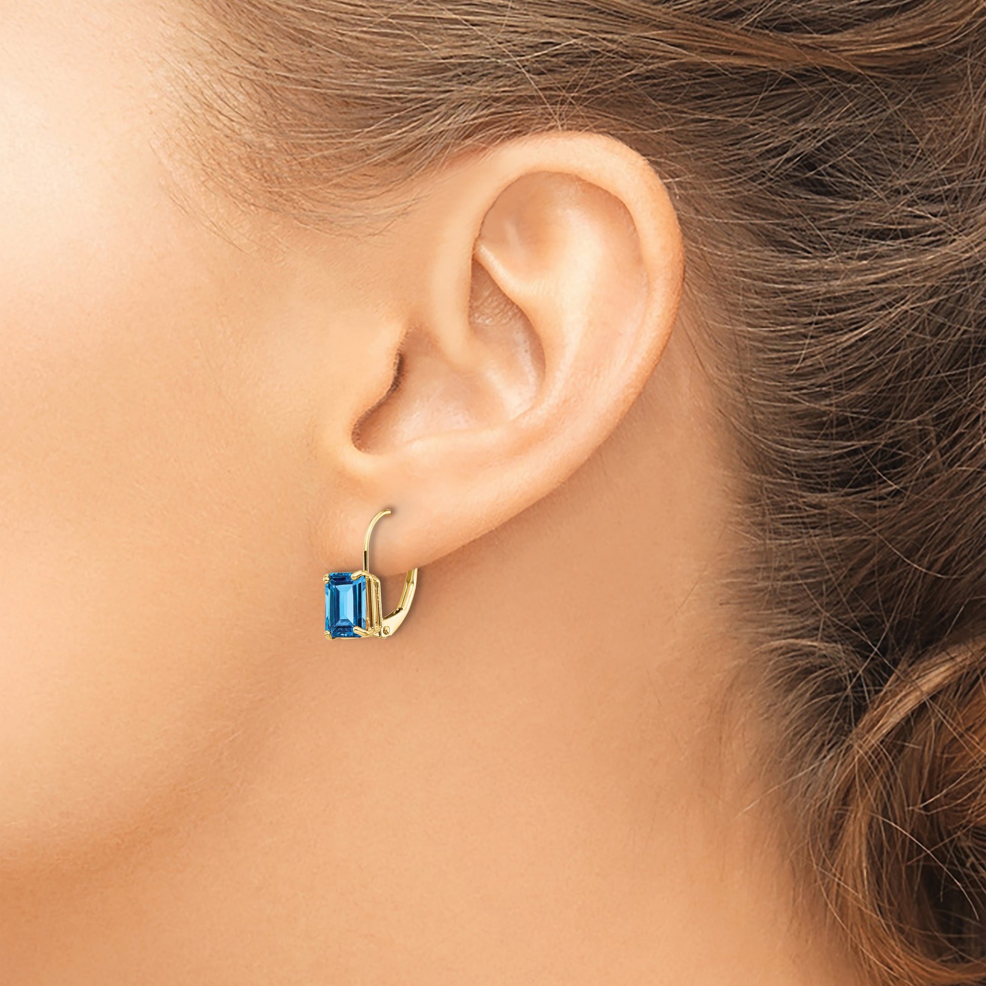 14k 7x5mm Emerald-cut Blue Topaz Leverback Earrings