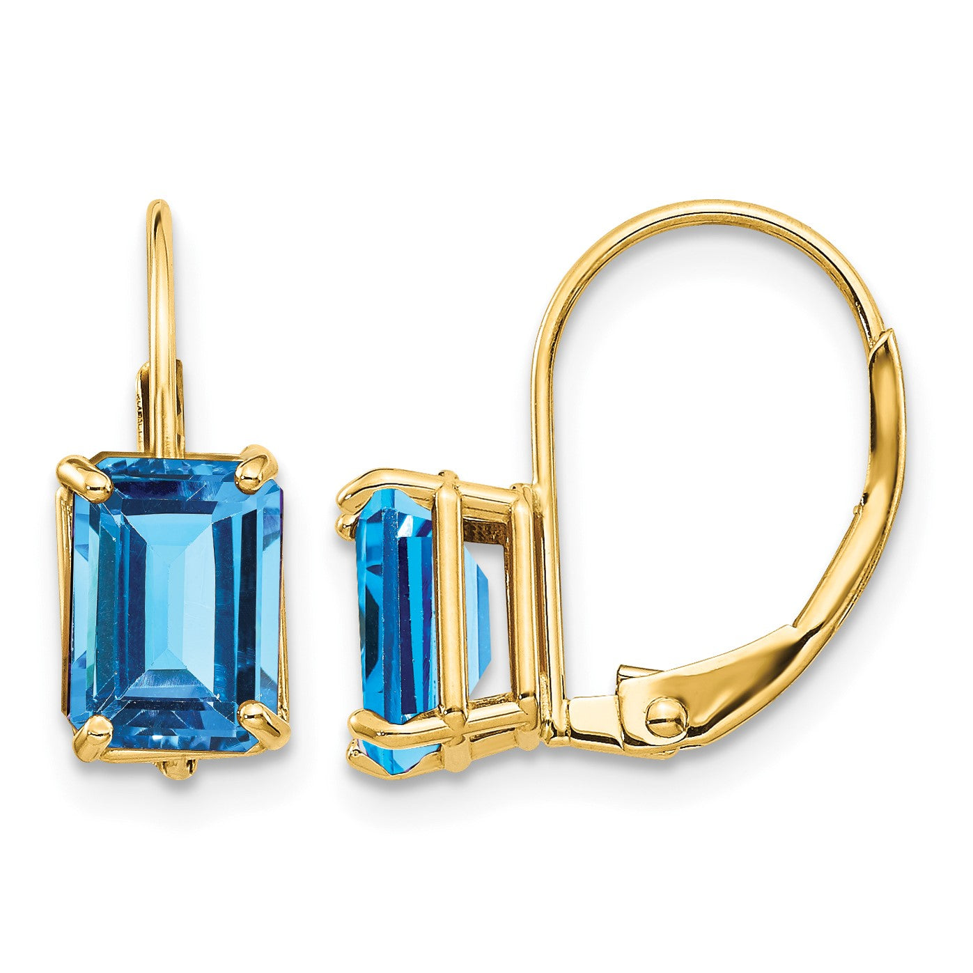 14k 7x5mm Emerald-cut Blue Topaz Leverback Earrings