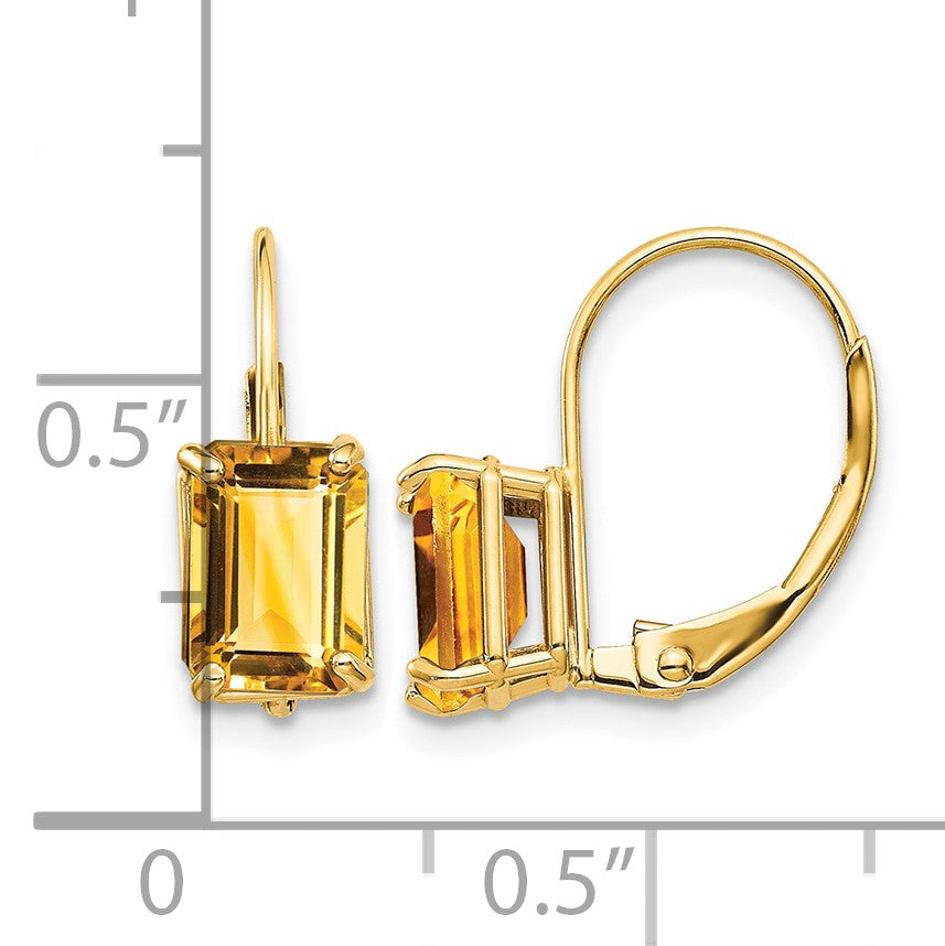 14k 7x5mm Emerald-cut Citrine Leverback Earrings