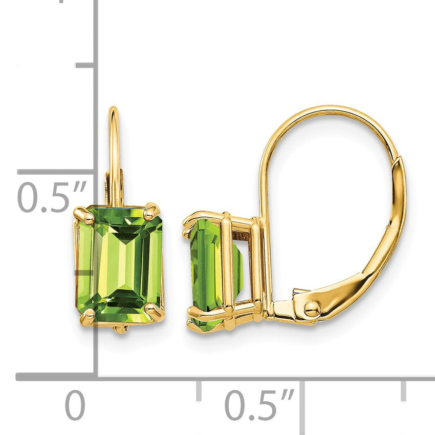 14k 7x5mm Emerald-cut Peridot Leverback Earrings