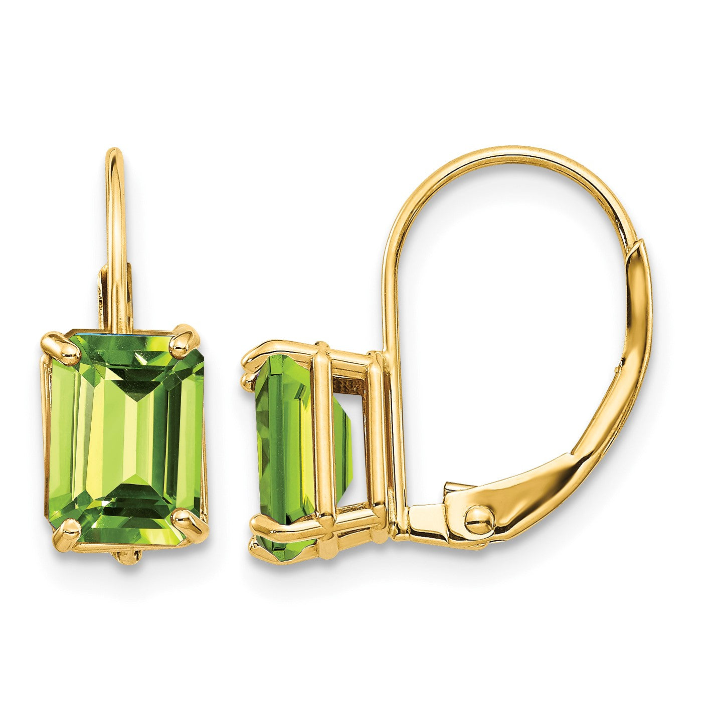 14k 7x5mm Emerald-cut Peridot Leverback Earrings