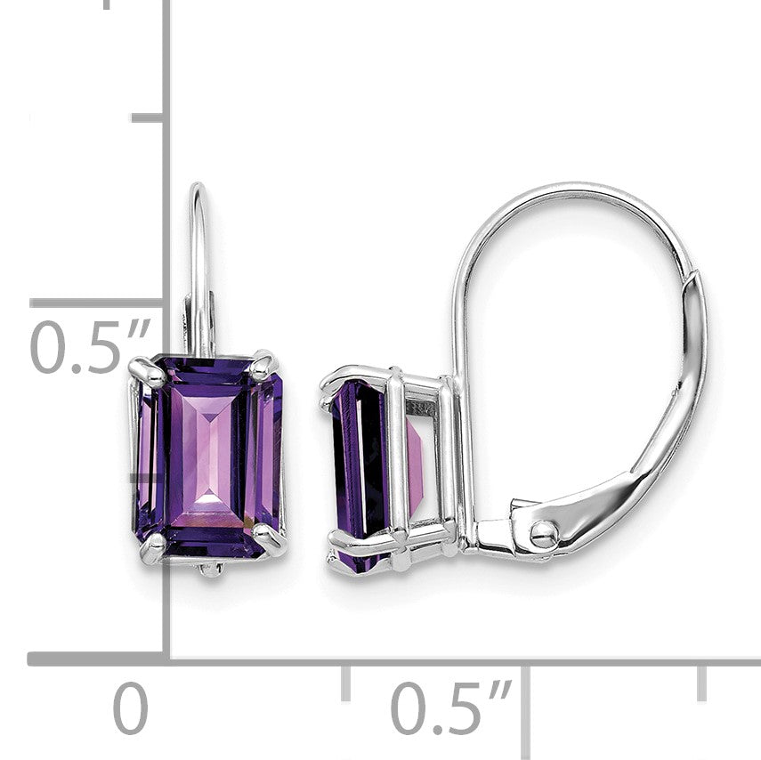 14k White Gold 7x5mm Emerald-cut Amethyst Leverback Earrings