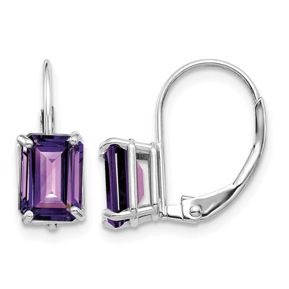 14k White Gold 7x5mm Emerald-cut Amethyst Leverback Earrings