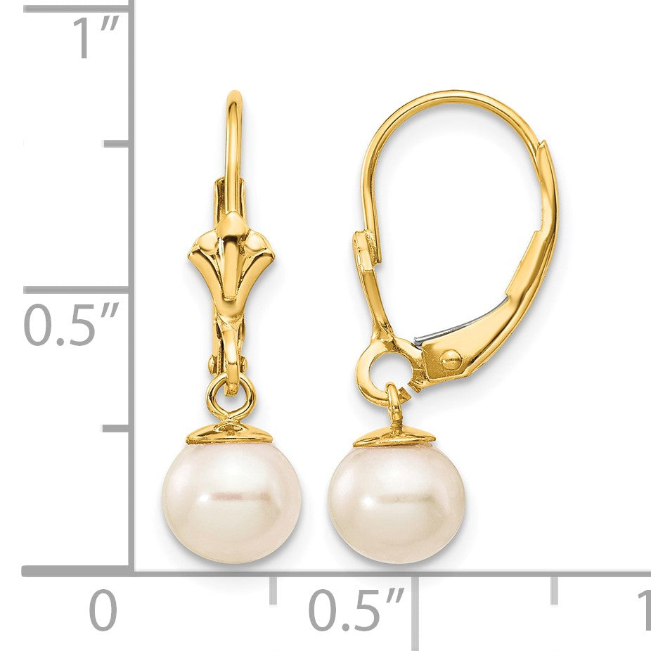14k 6-7mm White Round Freshwater Cultured Pearl Dangle Leverback Earrings