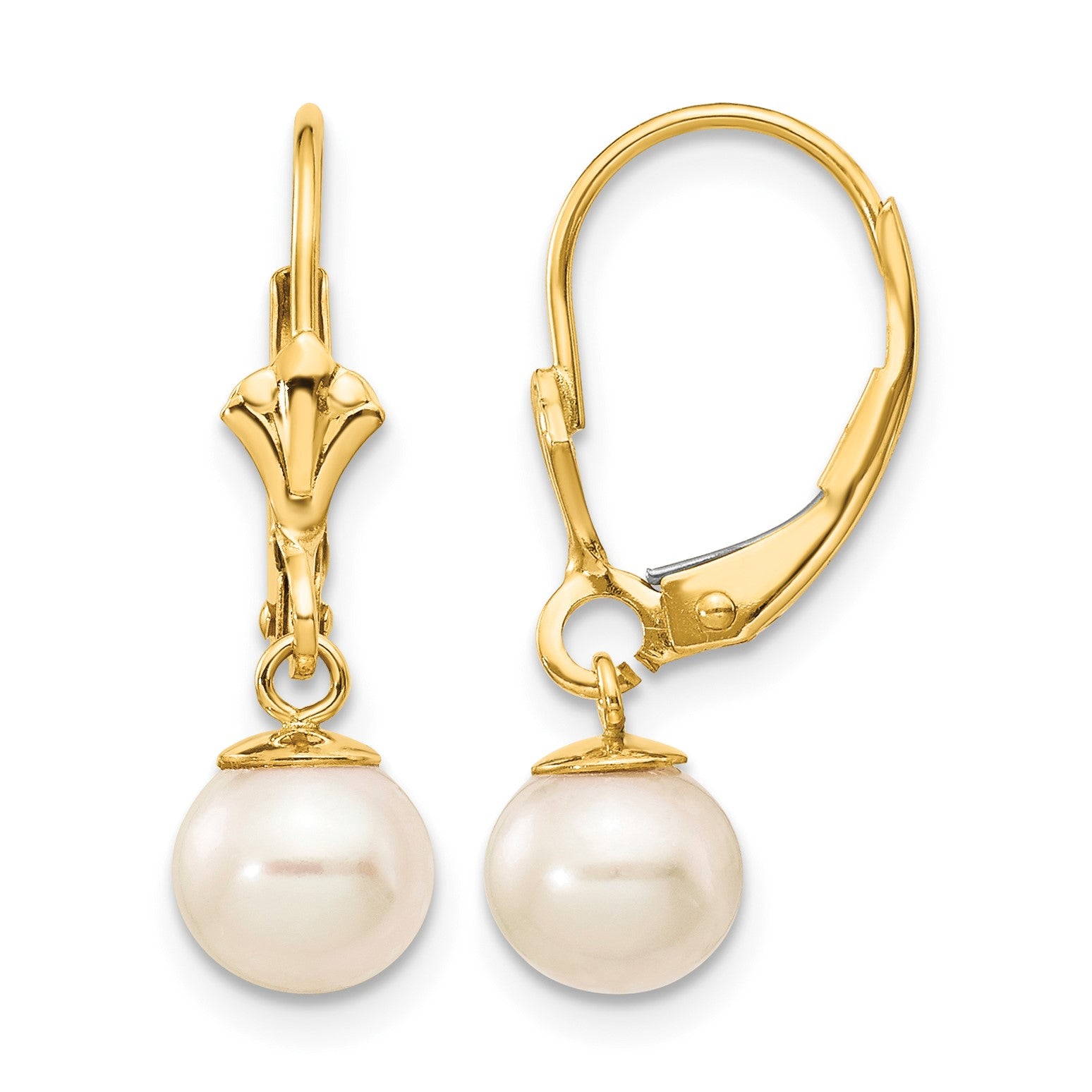 14k 6-7mm White Round Freshwater Cultured Pearl Dangle Leverback Earrings