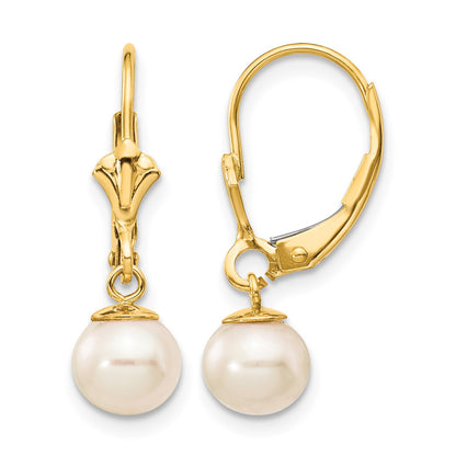 14k 6-7mm White Round Freshwater Cultured Pearl Dangle Leverback Earrings