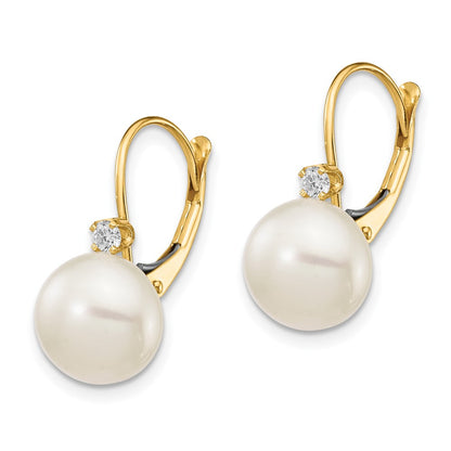 14k 10-11mm White Button Freshwater Cultured Pearl and .10 Carat Diamond Leverback Earrings