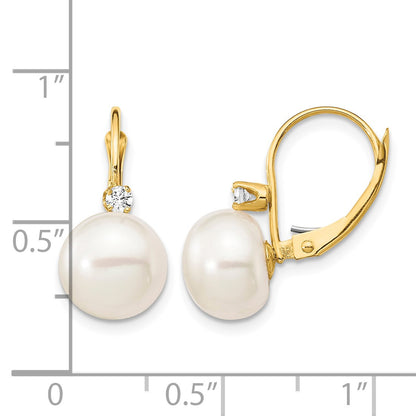 14k 10-11mm White Button Freshwater Cultured Pearl and .10 Carat Diamond Leverback Earrings