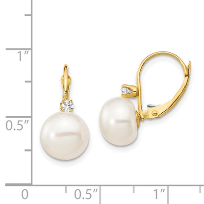 14k 10-11mm White Button Freshwater Cultured Pearl and .10 Carat Diamond Leverback Earrings