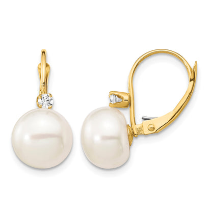 14k 10-11mm White Button Freshwater Cultured Pearl and .10 Carat Diamond Leverback Earrings