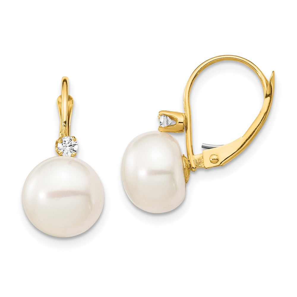 14k 10-11mm White Button Freshwater Cultured Pearl and .10 Carat Diamond Leverback Earrings