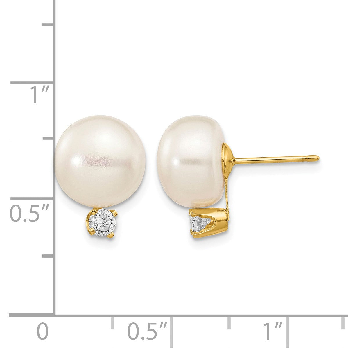 14k 10-11mm White Button Freshwater Cultured Pearl and .2 Carat Diamond Post Earrings