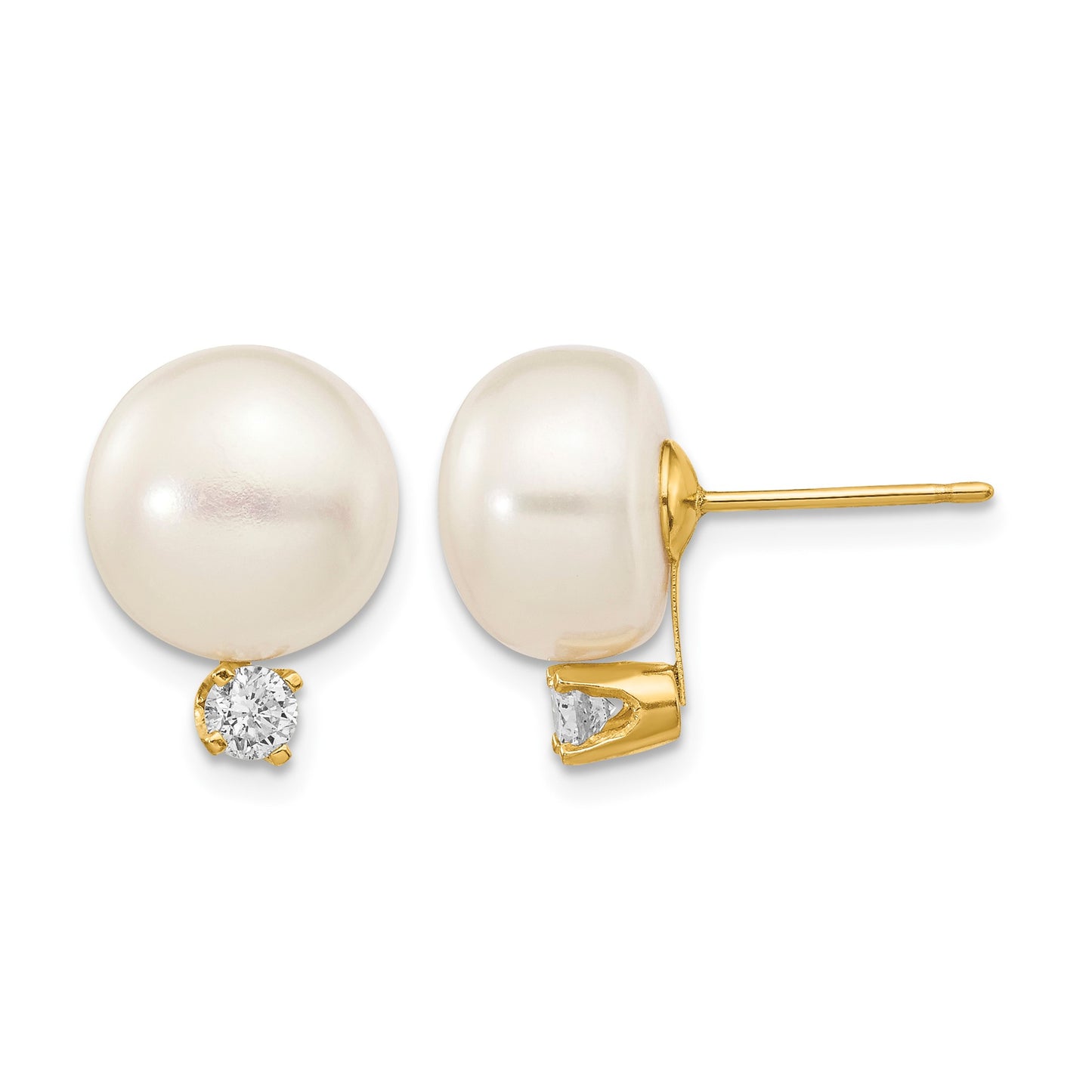 14k 10-11mm White Button Freshwater Cultured Pearl and .2 Carat Diamond Post Earrings